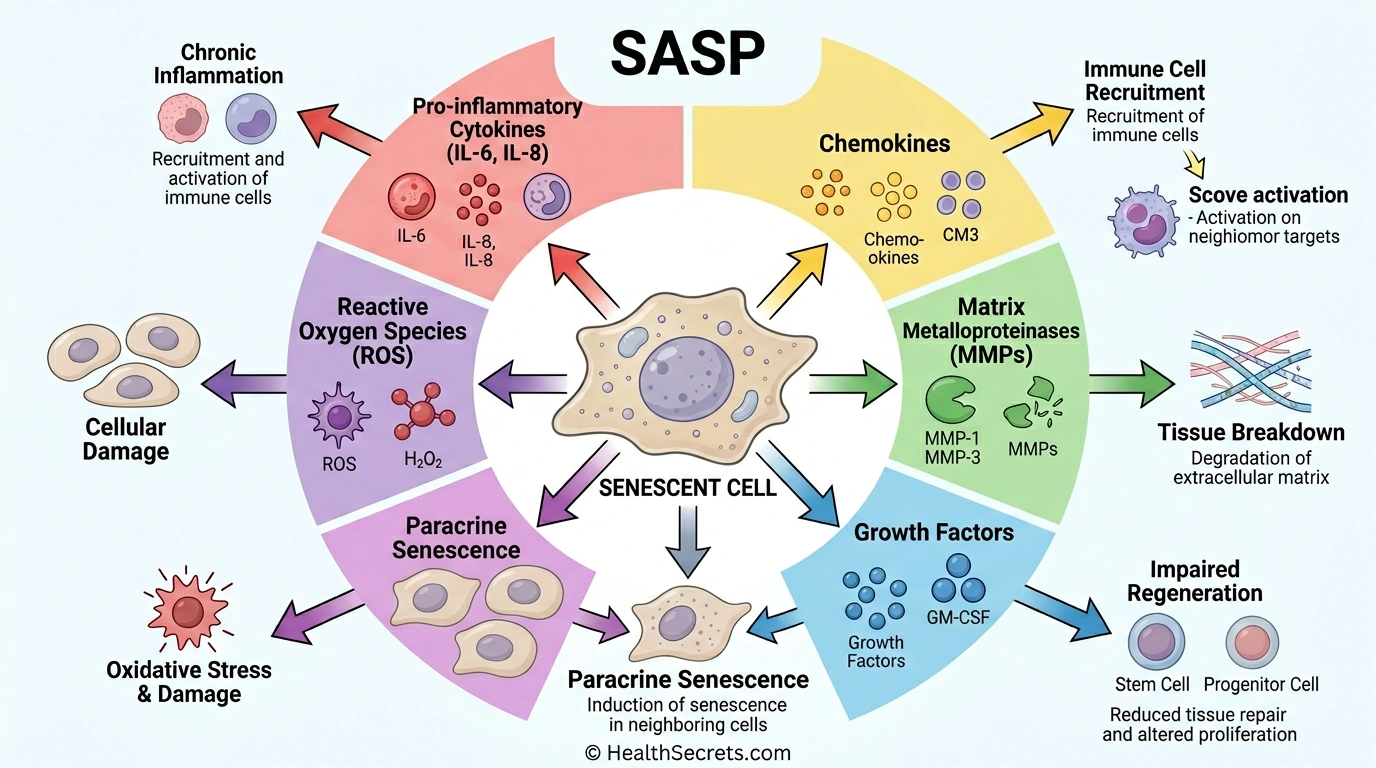 Diagram showing the SASP mechanism with senescent cell secreting inflammatory cytokines chemokines and proteases that cause tissue damage