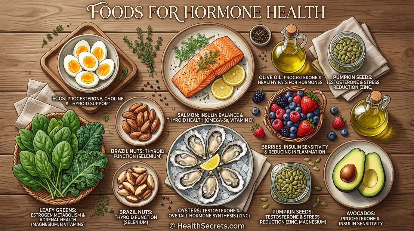 Flat-lay illustration of hormone-supporting foods including oysters salmon leafy greens nuts and avocados with labels