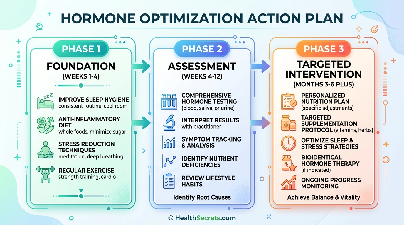 Three-phase flowchart showing the hormone optimization action plan from lifestyle changes to testing to targeted intervention