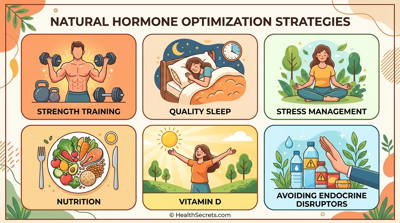 Grid illustration showing six evidence-based natural hormone optimization strategies including exercise sleep nutrition and stress management