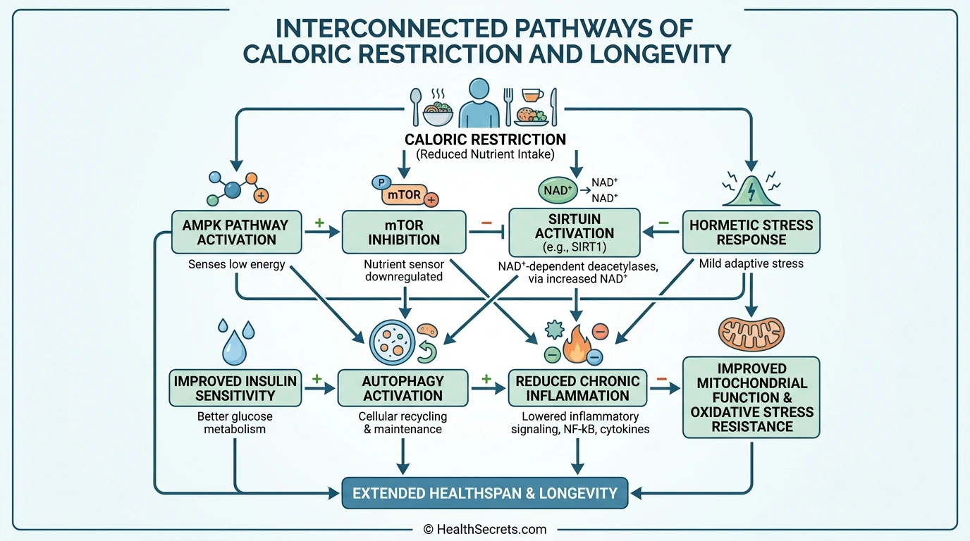 Caloric restriction mechanisms diagram showing mTOR autophagy inflammation and longevity pathways