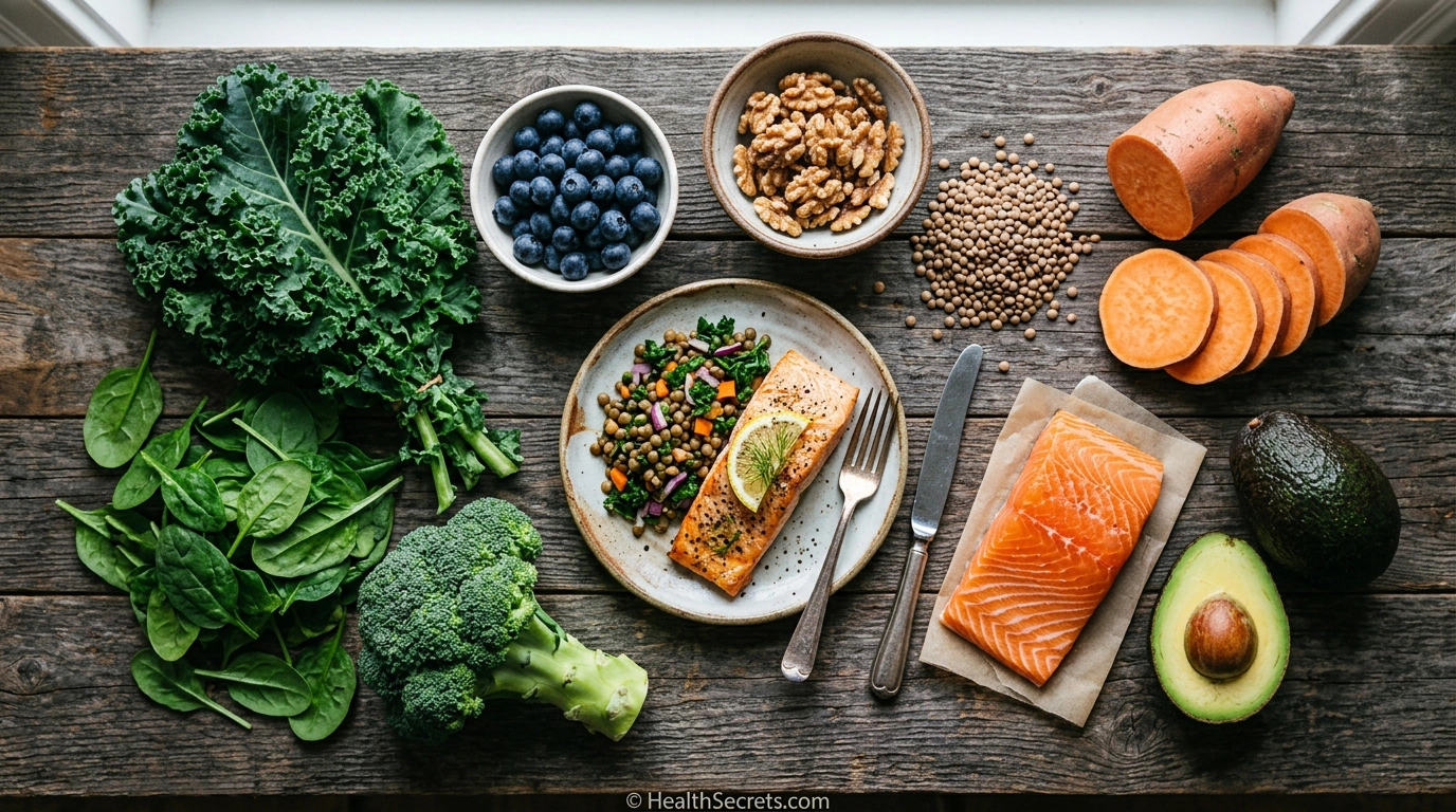 CRON nutrient-dense foods for caloric restriction including vegetables fish berries and legumes