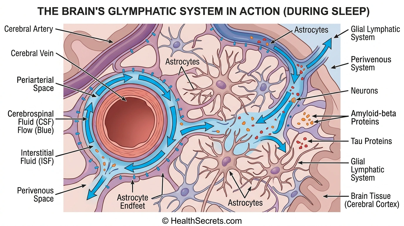 Glymphatic system diagram showing brain waste clearance of amyloid-beta and tau during deep sleep