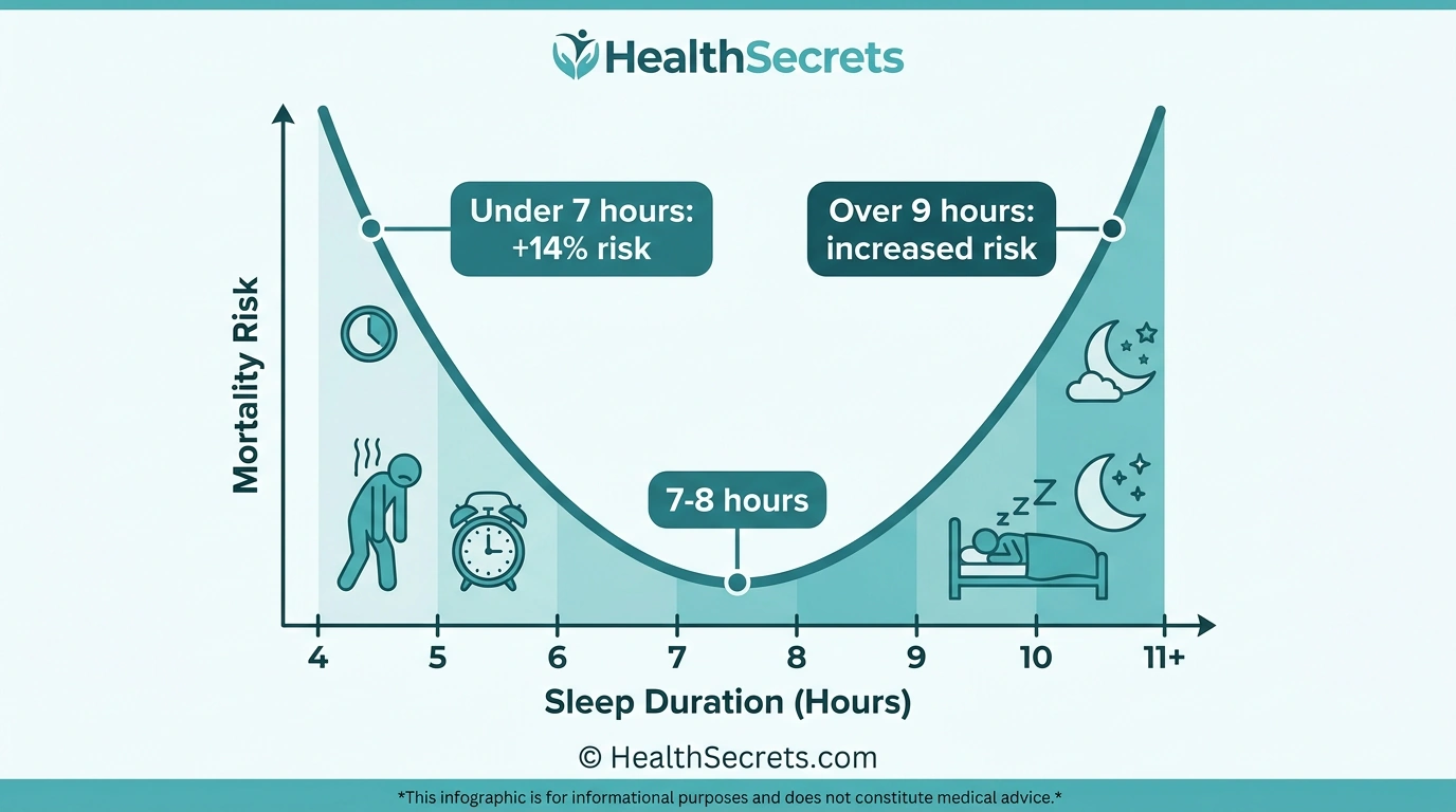 U-shaped curve showing optimal sleep duration of 7-8 hours for lowest mortality risk