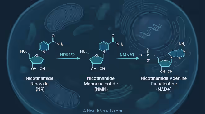 Nicotinamide riboside NR conversion pathway to NAD+ through NRK enzymes inside a human cell