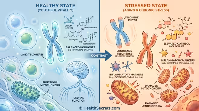 Scientific illustration comparing healthy cells with intact telomeres to stressed cells showing telomere shortening, inflammation, and cortisol damage