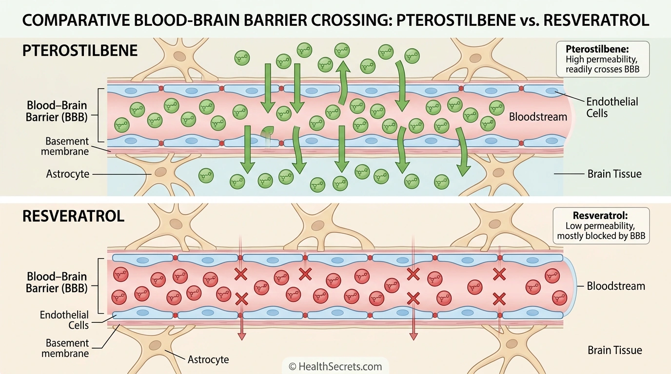 Illustration comparing pterostilbene and resveratrol blood-brain barrier penetration