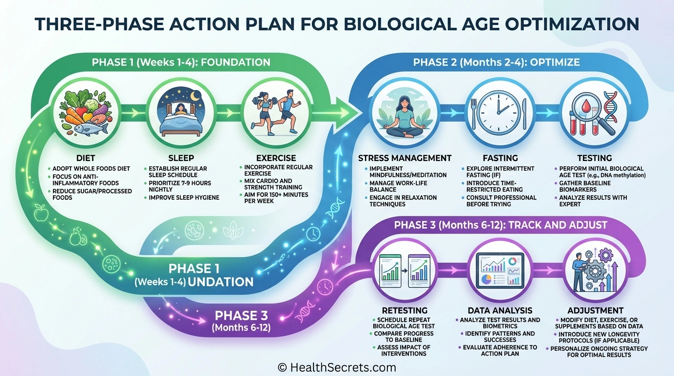 Three-phase action plan infographic for biological age optimization showing Foundation, Optimize, and Track and Adjust phases with specific activities