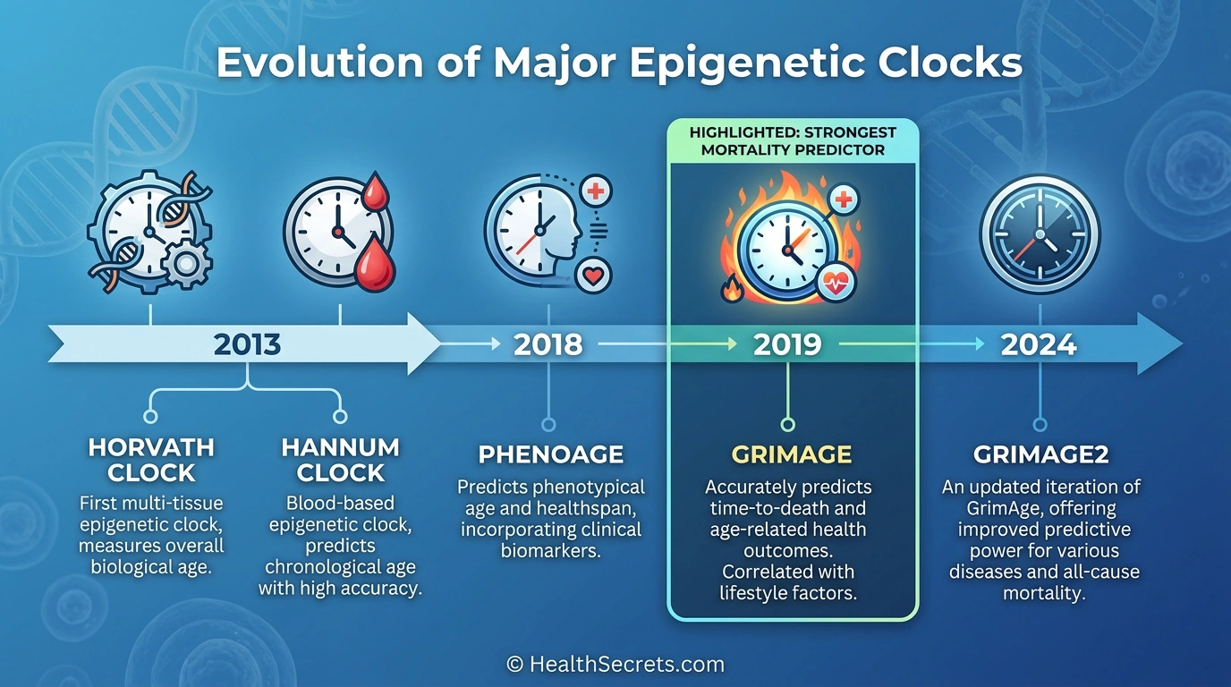 Timeline showing the development of major epigenetic clocks from Horvath 2013 to GrimAge2 2024 with key features of each