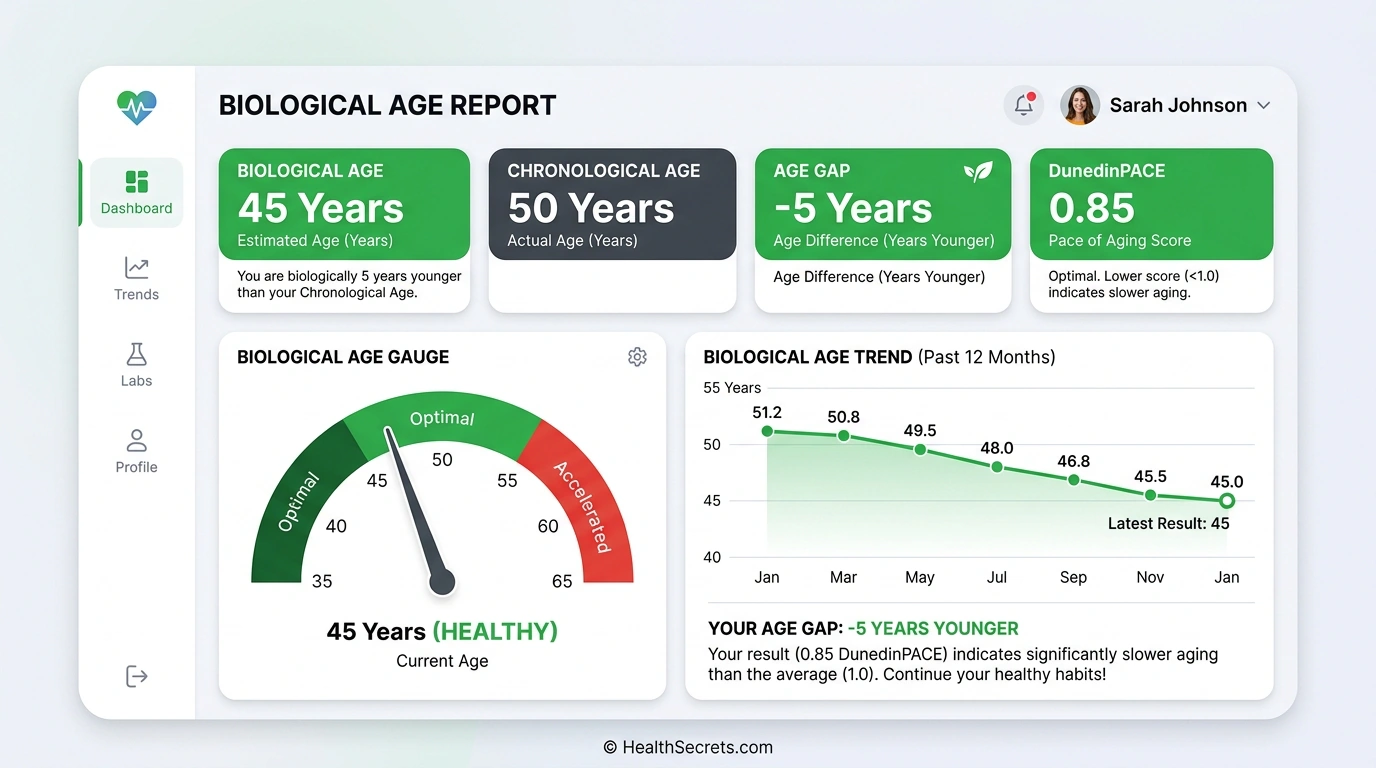 Sample biological age test results dashboard showing biological age, chronological age, age gap, and DunedinPACE score with trend tracking