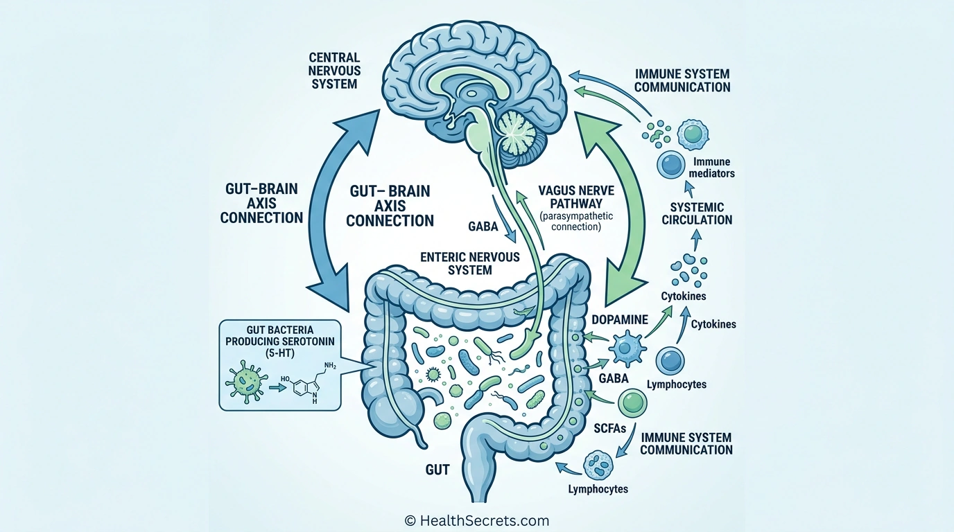 Diagram of the gut-brain axis showing bidirectional communication between brain and gut microbiome