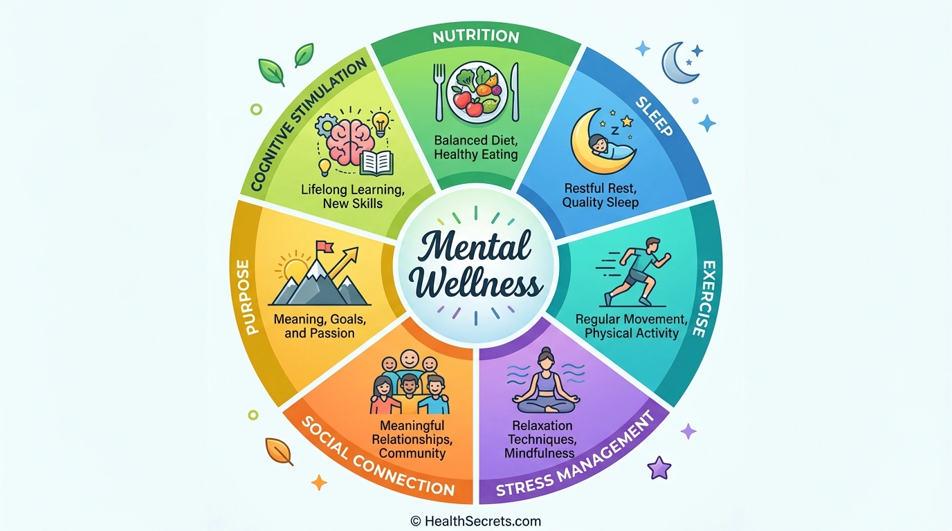 Mental wellness pillars wheel showing seven key areas nutrition sleep exercise stress social connection purpose cognition