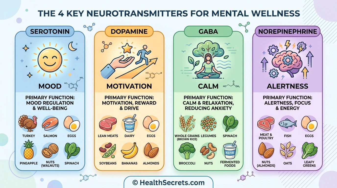 Infographic of four key neurotransmitters for mental wellness serotonin dopamine GABA norepinephrine