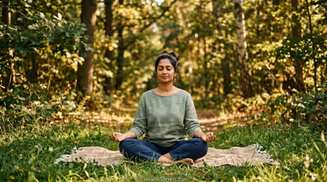 Person practicing mindful deep breathing in a peaceful natural setting for stress management