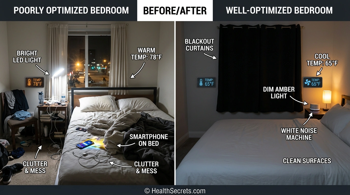 Before and after comparison of poorly optimized vs. well-optimized bedroom for sleep quality