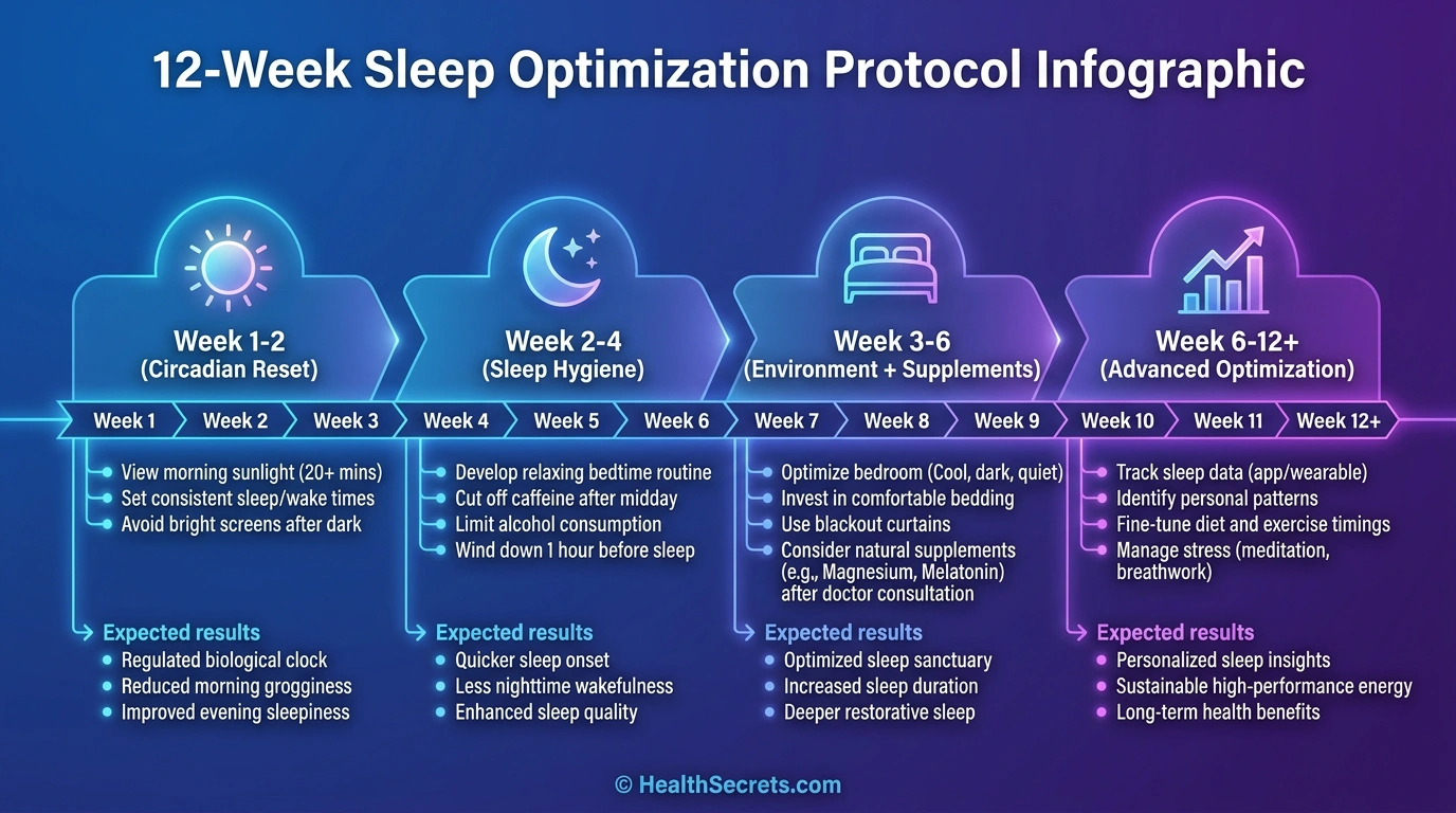 12-week sleep optimization action plan timeline showing phases from circadian reset to advanced optimization