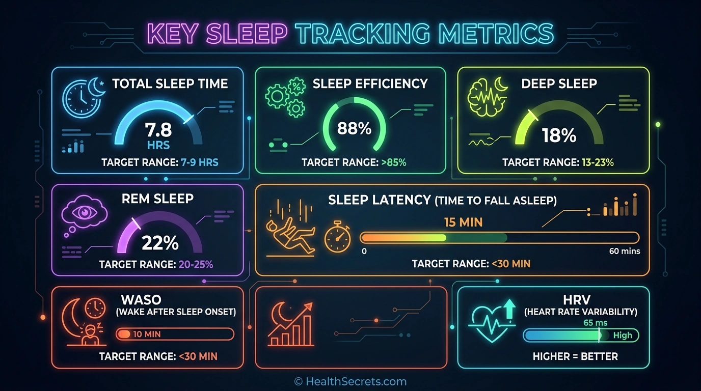 Sleep tracking metrics dashboard showing target ranges for sleep time, efficiency, deep sleep, REM, and latency
