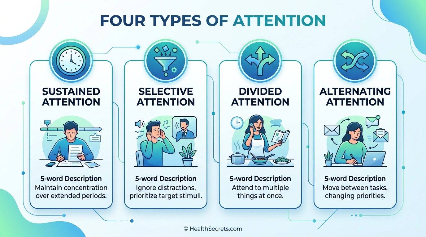 Diagram of four attention types: sustained, selective, divided, and alternating attention