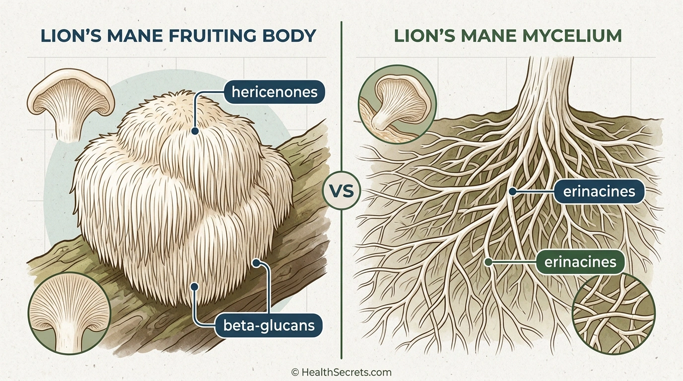 Comparison illustration of lion's mane mushroom fruiting body containing hericenones versus mycelium containing erinacines for brain health
