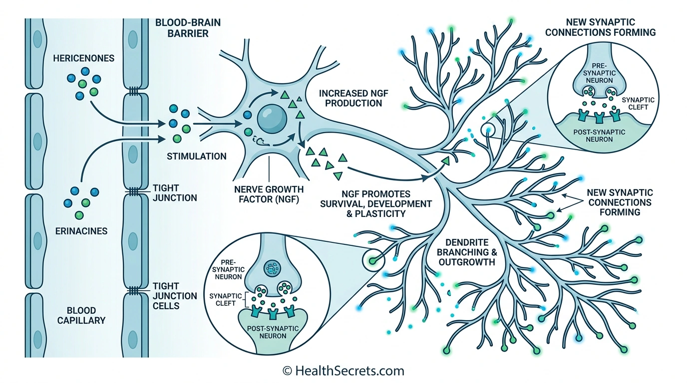 Scientific diagram showing how lion's mane mushroom compounds stimulate nerve growth factor NGF production and neuron growth in the brain