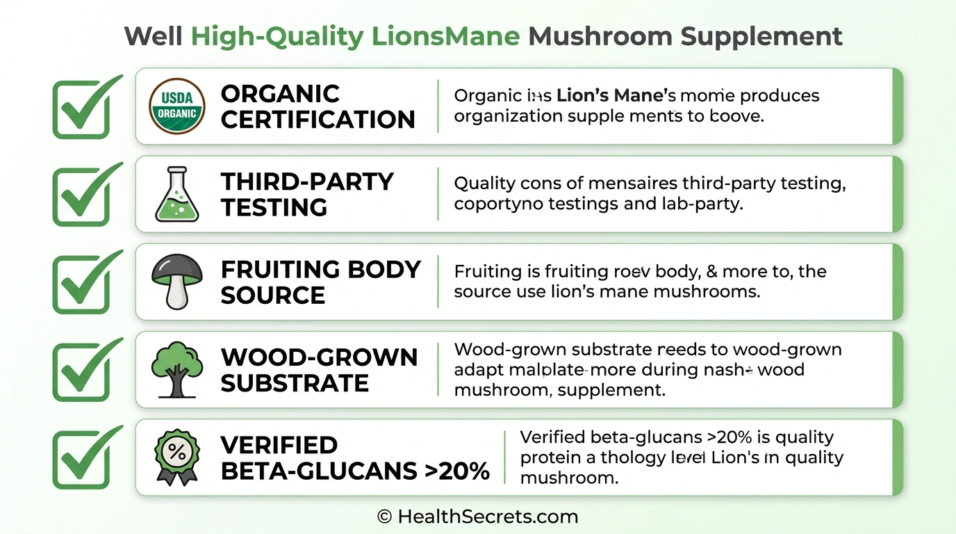 Quality checklist showing five key markers for choosing a high quality lion's mane mushroom supplement including organic and third party tested