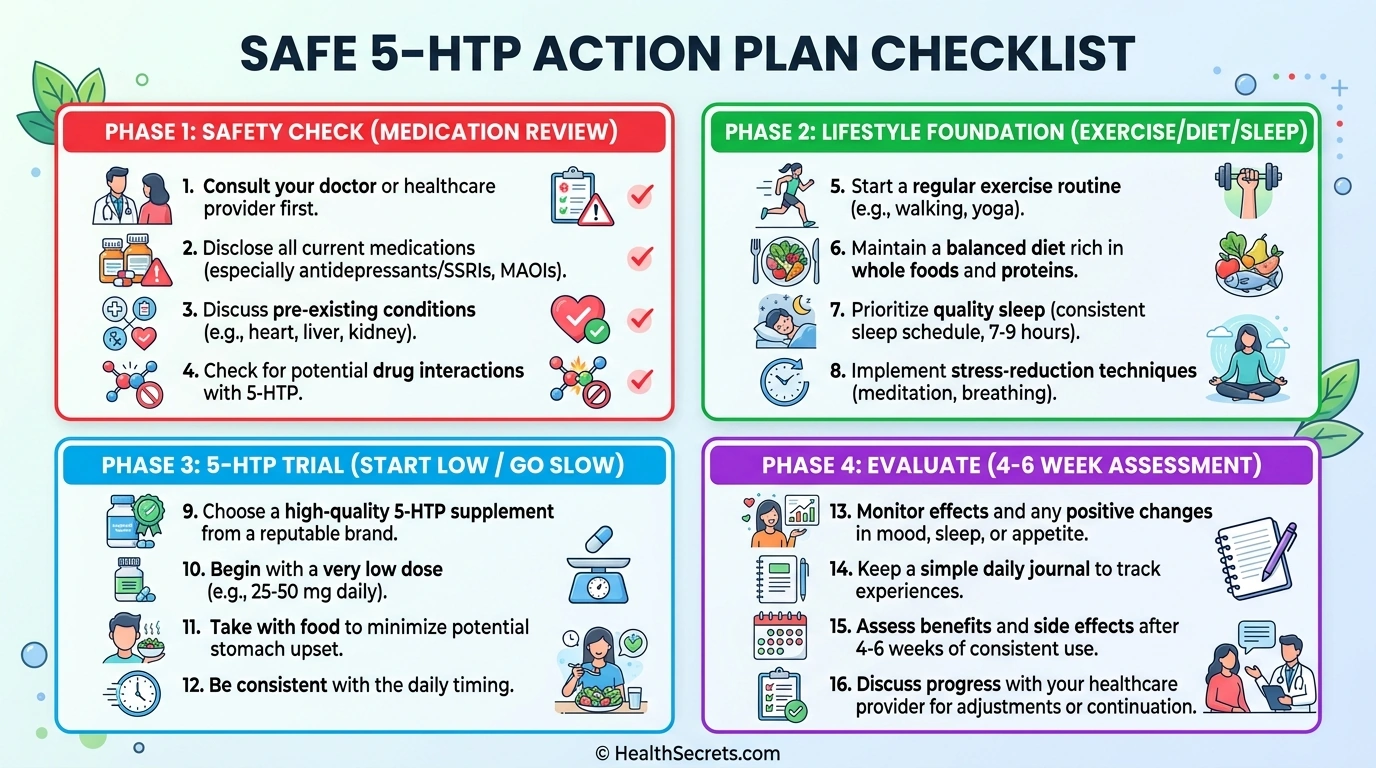 Four-phase action plan for safely starting 5-HTP supplementation from safety check to evaluation