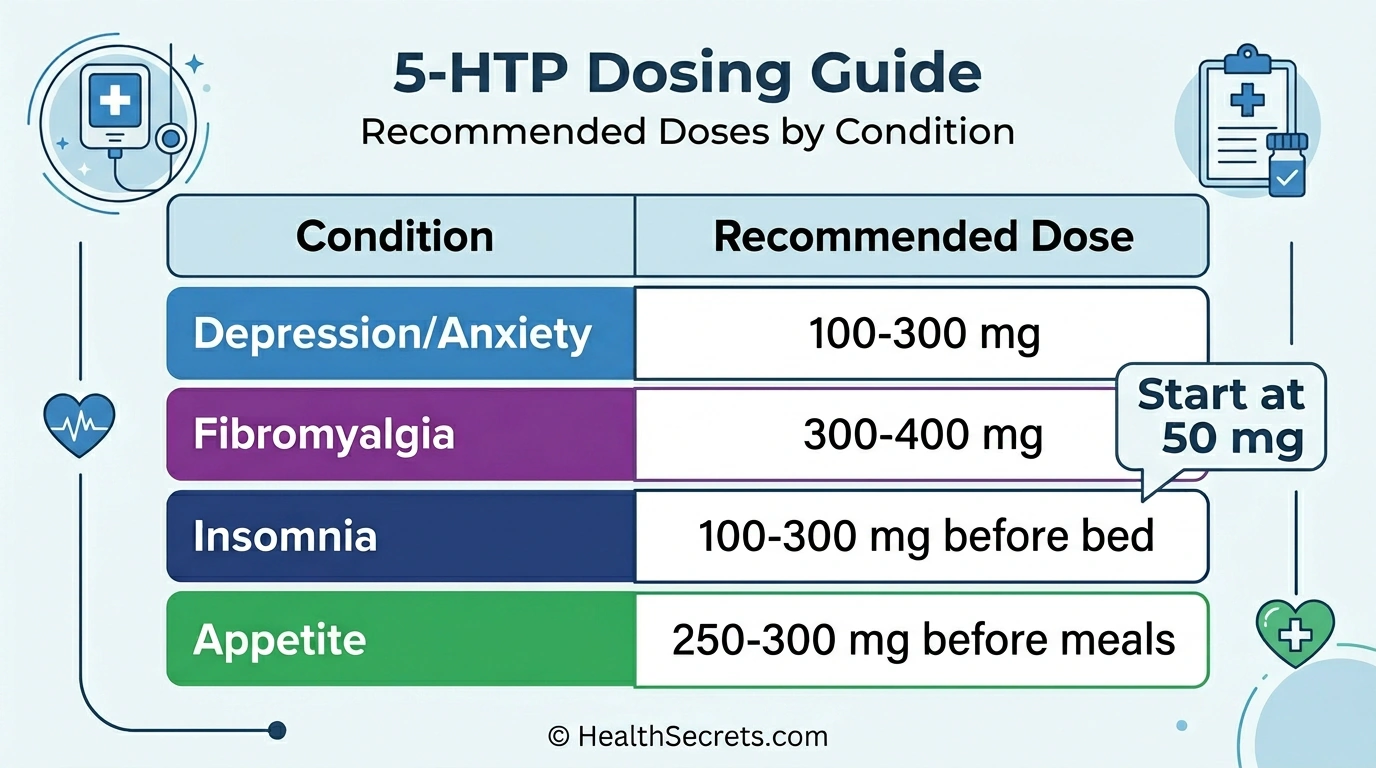 5-HTP dosing guide showing recommended doses for depression, fibromyalgia, insomnia, and appetite control