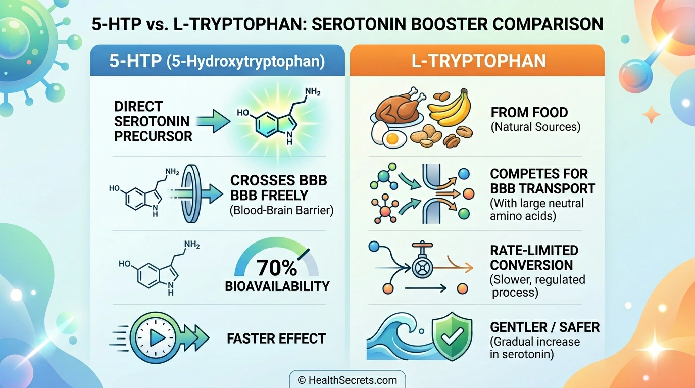 Comparison infographic of 5-HTP versus L-tryptophan for serotonin support showing key differences