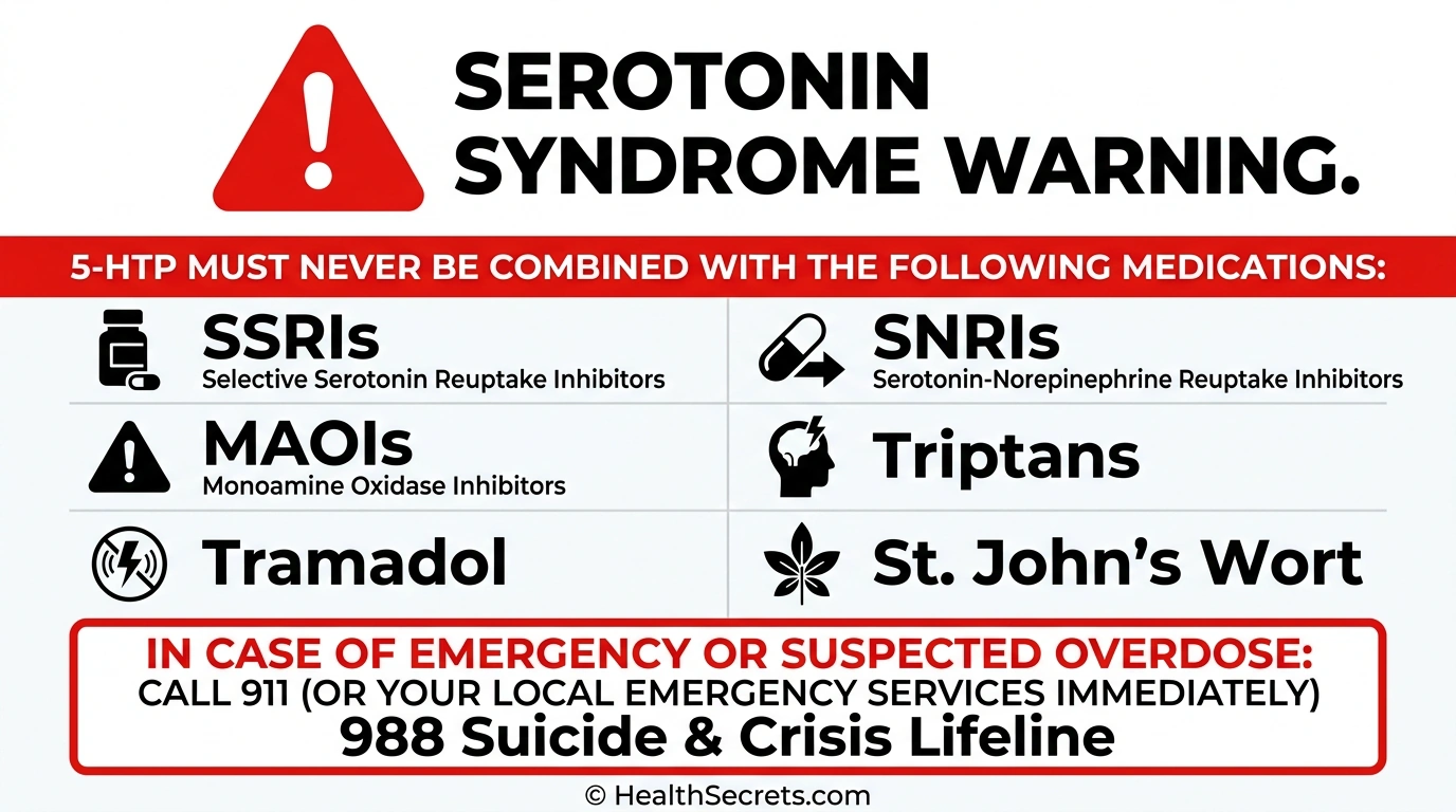 Critical safety warning about serotonin syndrome risk when combining 5-HTP with antidepressants and other serotonergic drugs