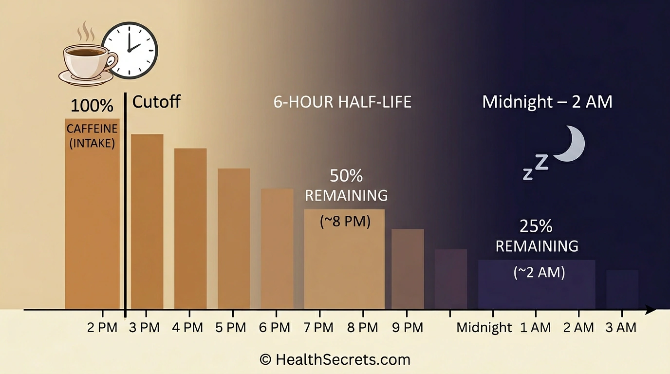 Chart showing caffeine half-life with 50 percent remaining after 5-7 hours and 25 percent after 10-12 hours