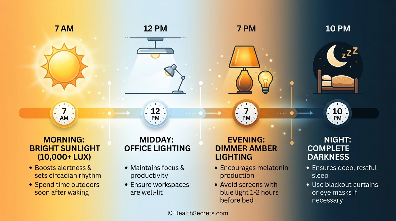 Daily light exposure timeline for optimal sleep hygiene showing bright morning light transitioning to darkness at night