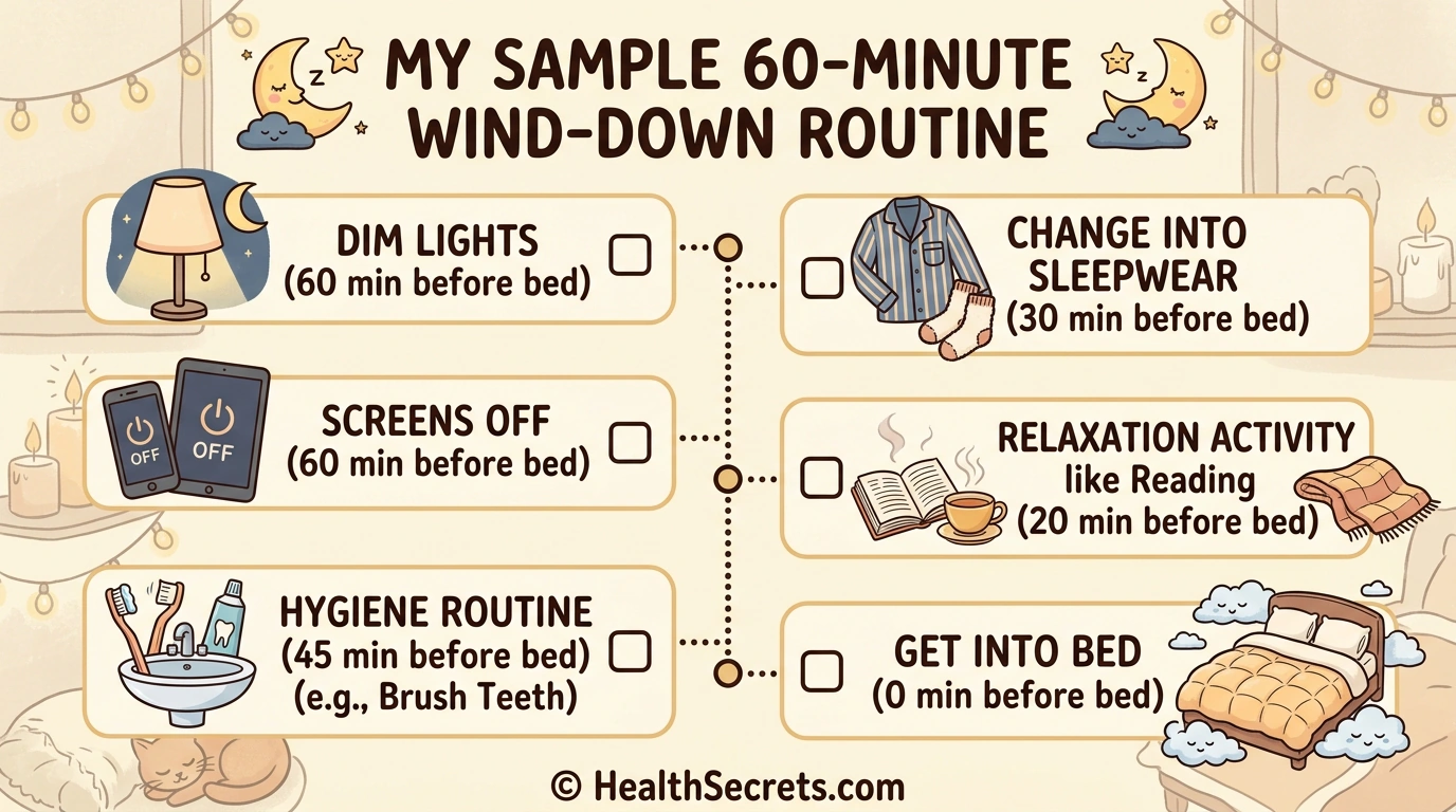 Illustrated 60-minute wind-down routine checklist for better sleep hygiene