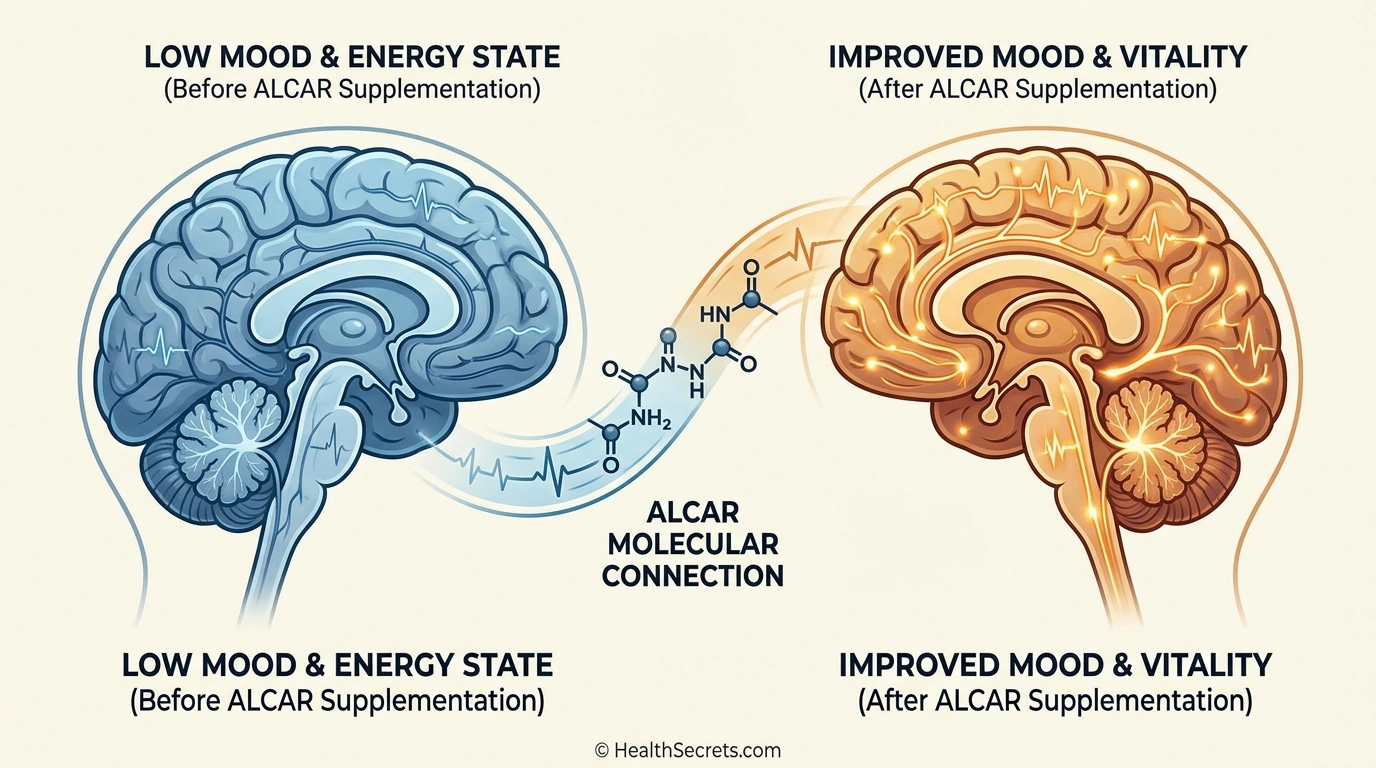 Medical illustration showing brain energy pathways before and after ALCAR supplementation for mood support