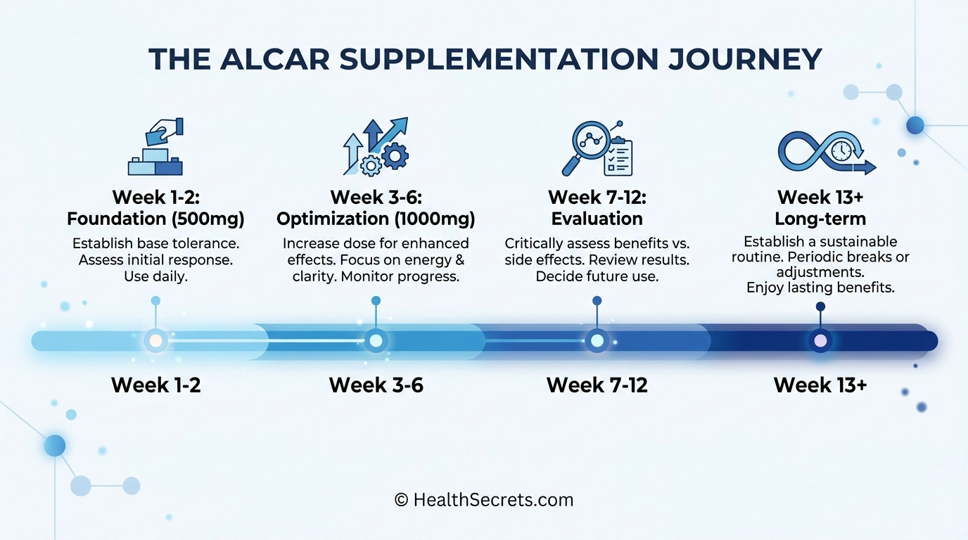 Timeline infographic showing the four phases of ALCAR supplementation from foundation dose to long-term maintenance