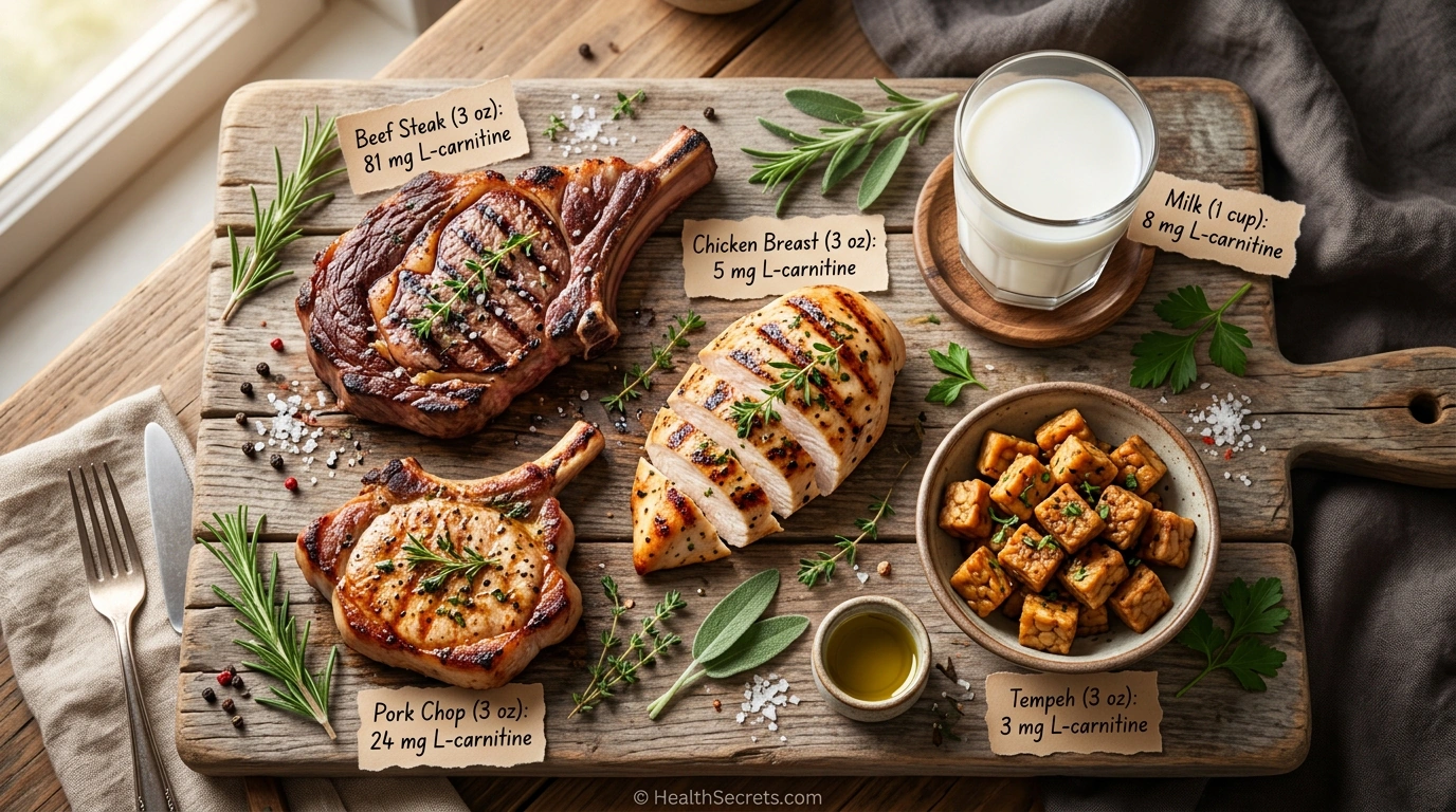 Overhead photograph of foods rich in L-carnitine including beef, pork, chicken, and milk with carnitine content labels
