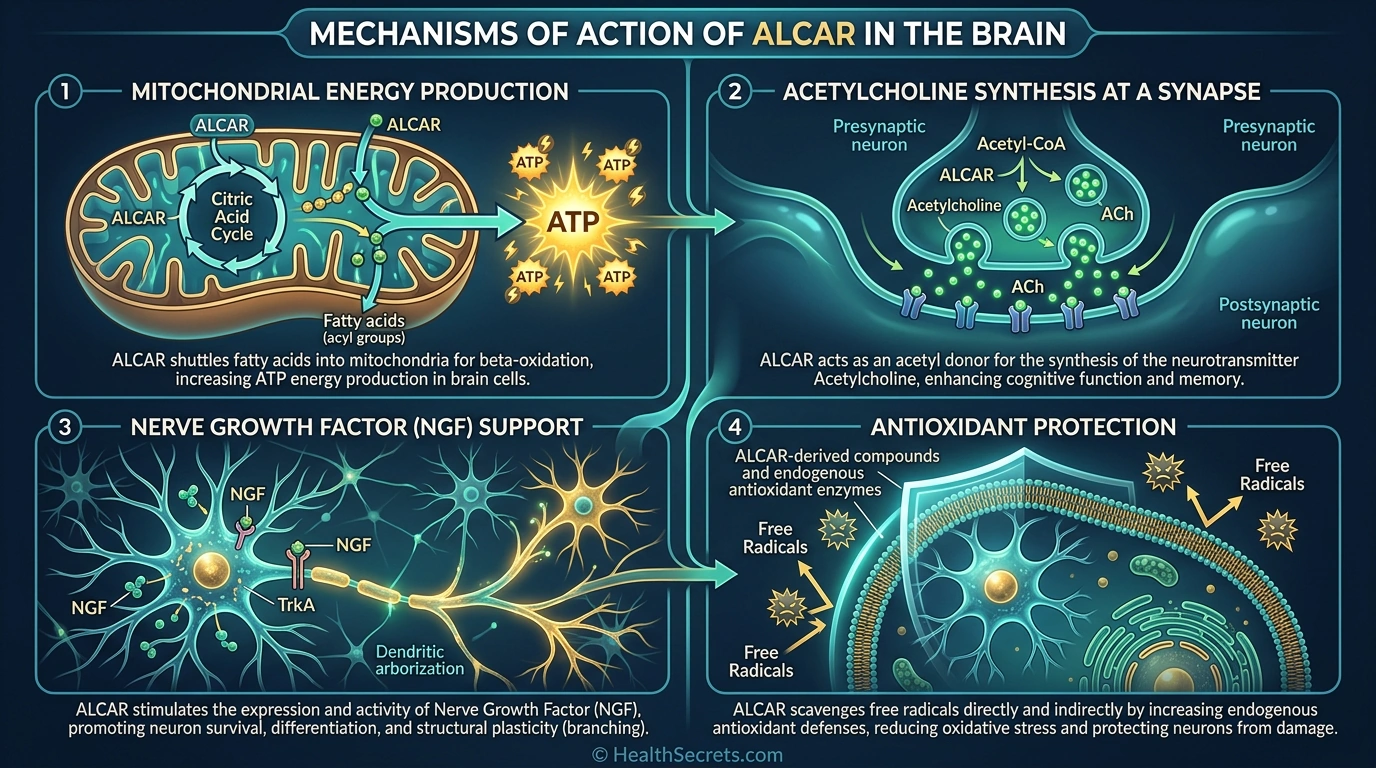 Scientific illustration showing four mechanisms of ALCAR brain support including energy production and neurotransmitter synthesis