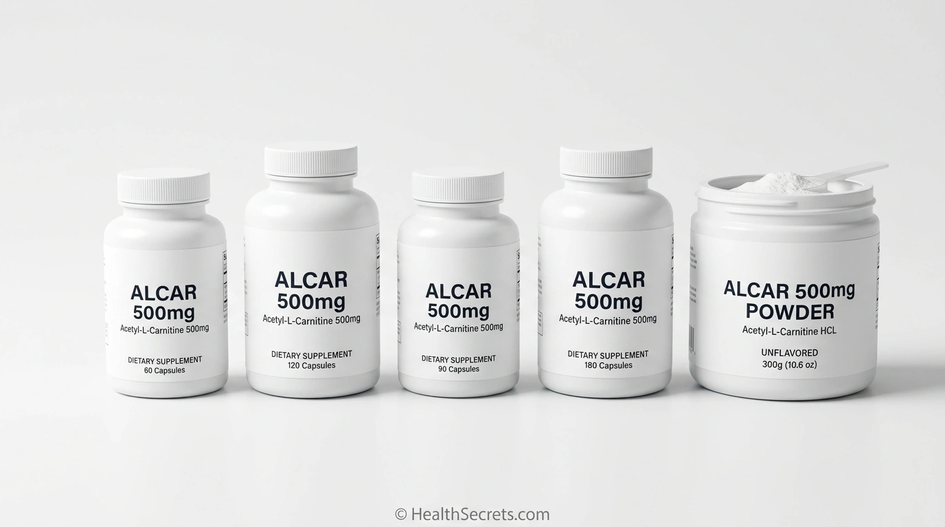 Five ALCAR supplement containers showing different product forms including capsules and powder