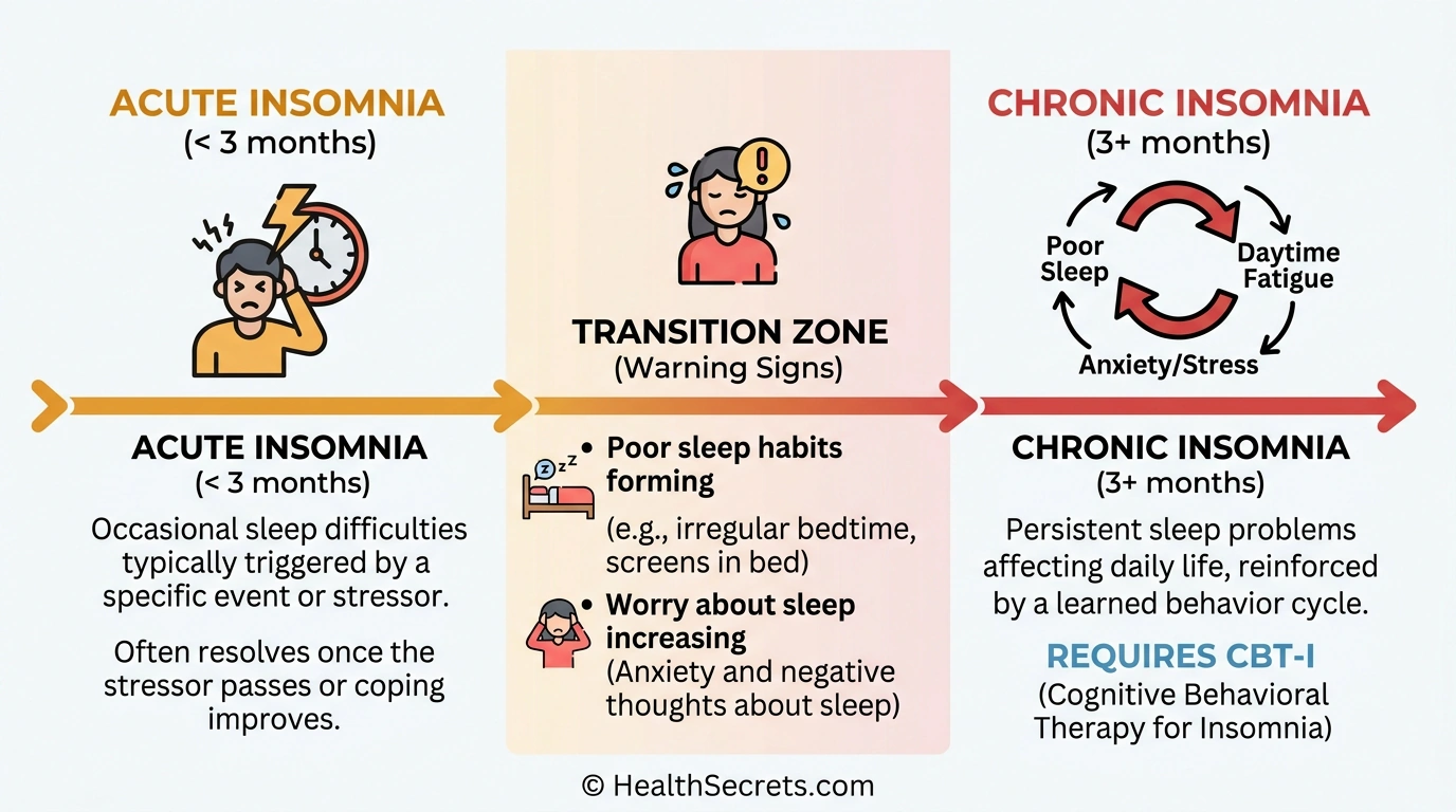 Timeline showing how acute insomnia transitions to chronic insomnia and when treatment is needed