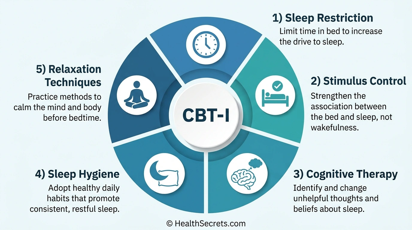 Circular diagram showing the five core components of Cognitive Behavioral Therapy for Insomnia CBT-I