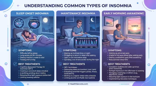 Infographic comparing three types of insomnia: sleep onset, maintenance, and early morning awakening with symptoms and treatments