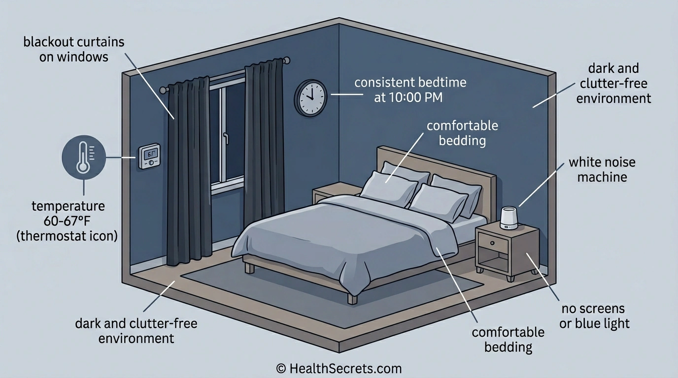 Illustrated bedroom showing optimal sleep hygiene setup including cool temperature blackout curtains and white noise machine