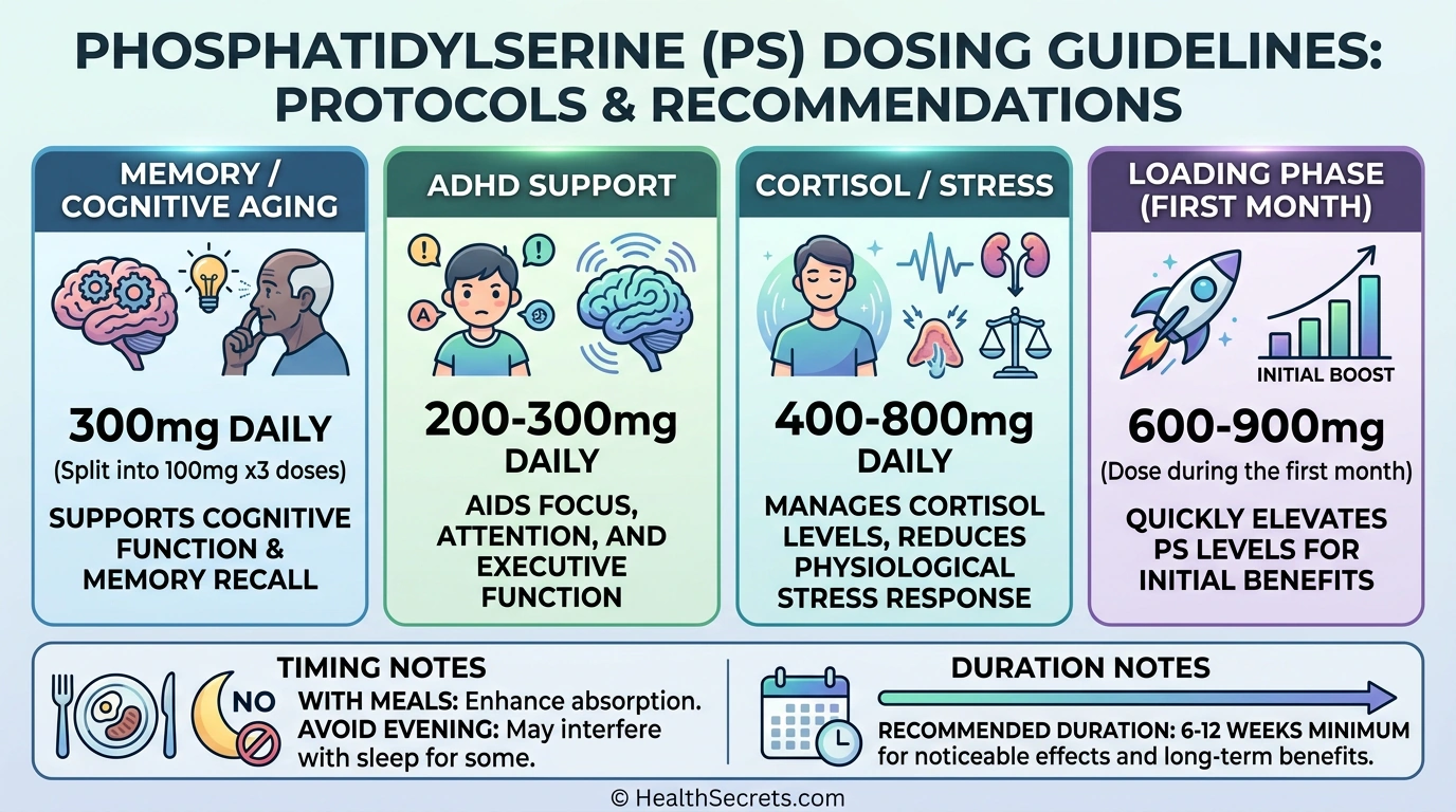 Phosphatidylserine dosing guidelines chart for memory ADHD cortisol with timing and duration recommendations