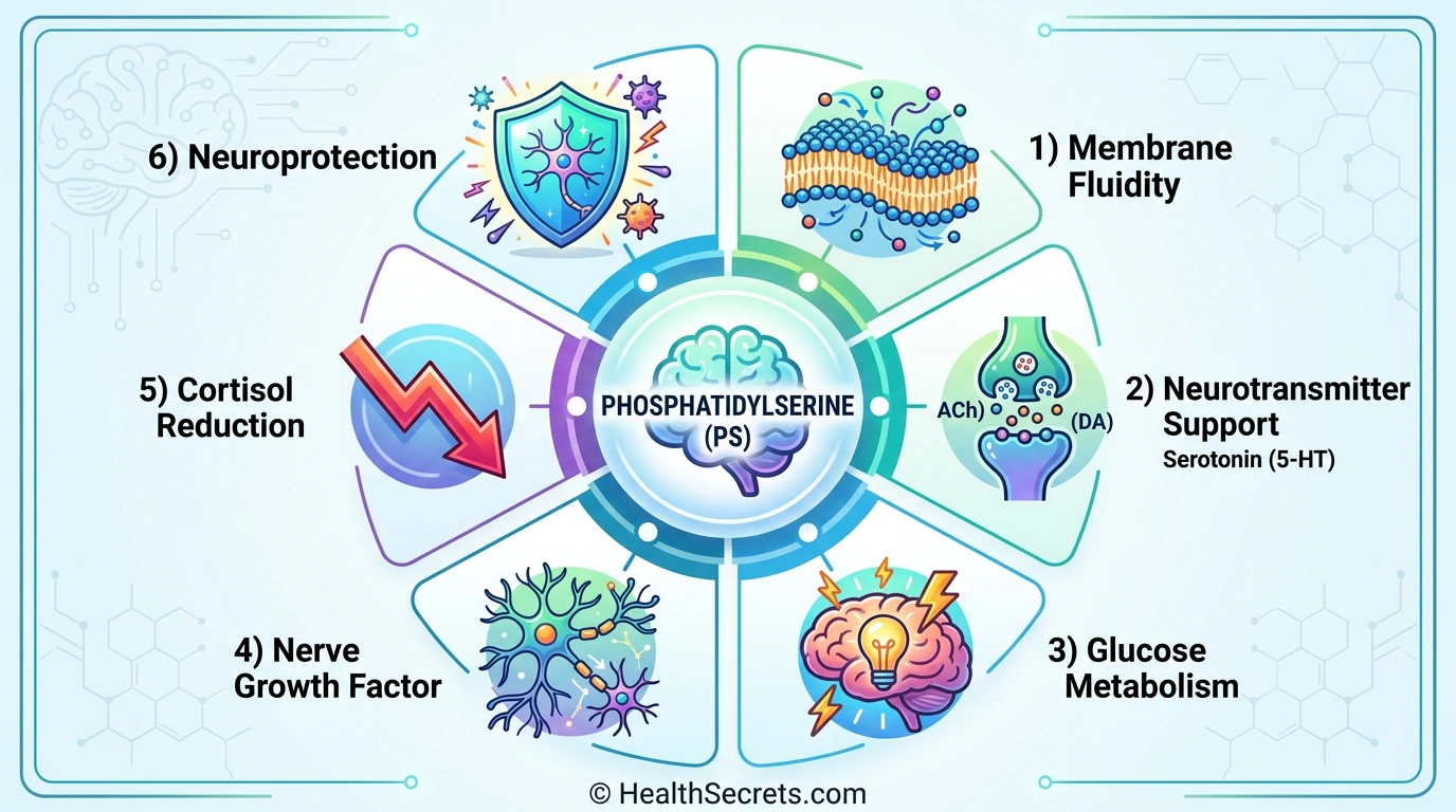 Phosphatidylserine six brain mechanisms of action infographic showing membrane fluidity neurotransmitter glucose NGF cortisol neuroprotection