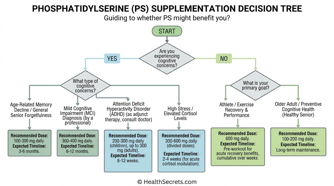Phosphatidylserine supplementation decision tree showing who might benefit with recommended doses