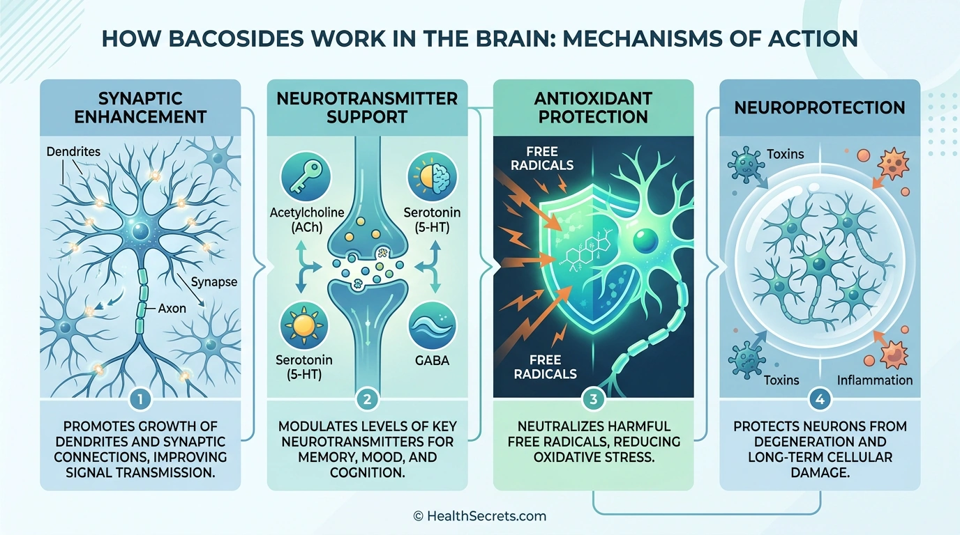 Infographic showing how bacopa monnieri bacosides work in the brain through synaptic enhancement neurotransmitter support and antioxidant protection