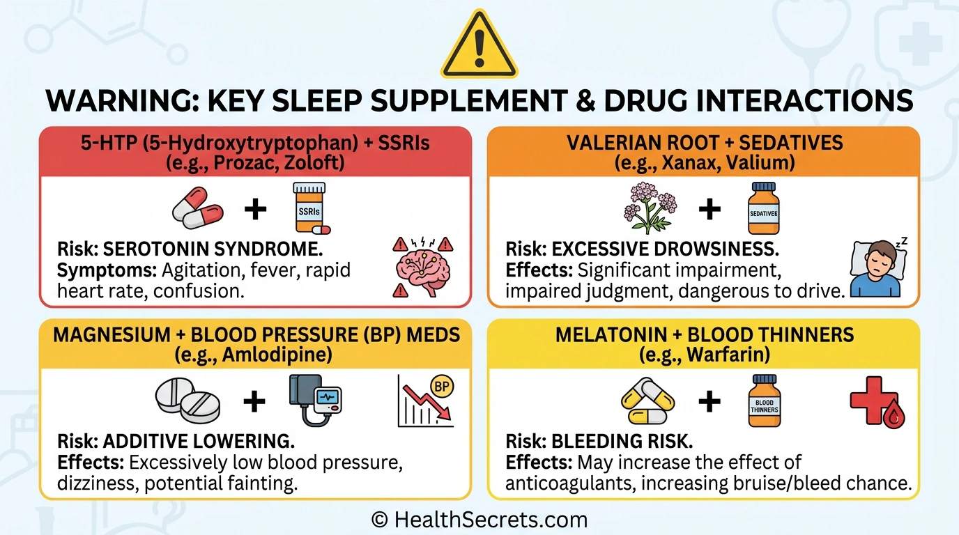 Warning infographic showing critical drug interactions with common sleep supplements including SSRIs sedatives and blood thinners
