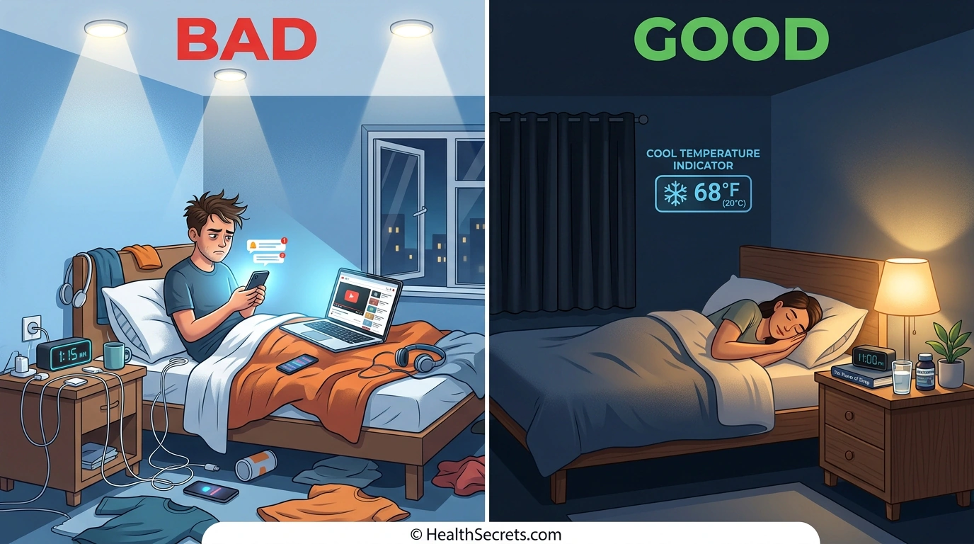 Comparison of poor and optimal sleep environments showing sleep hygiene foundation for supplement effectiveness
