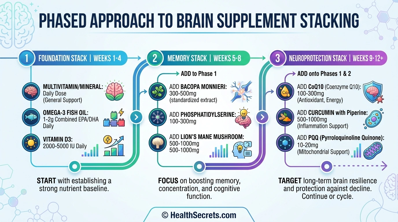 Brain supplement stacking guide showing phased approach from foundation to memory to neuroprotection stacks