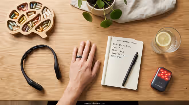 Biohacking mental performance tools including nootropic supplements sleep tracker neurofeedback headband and cognitive testing journal
