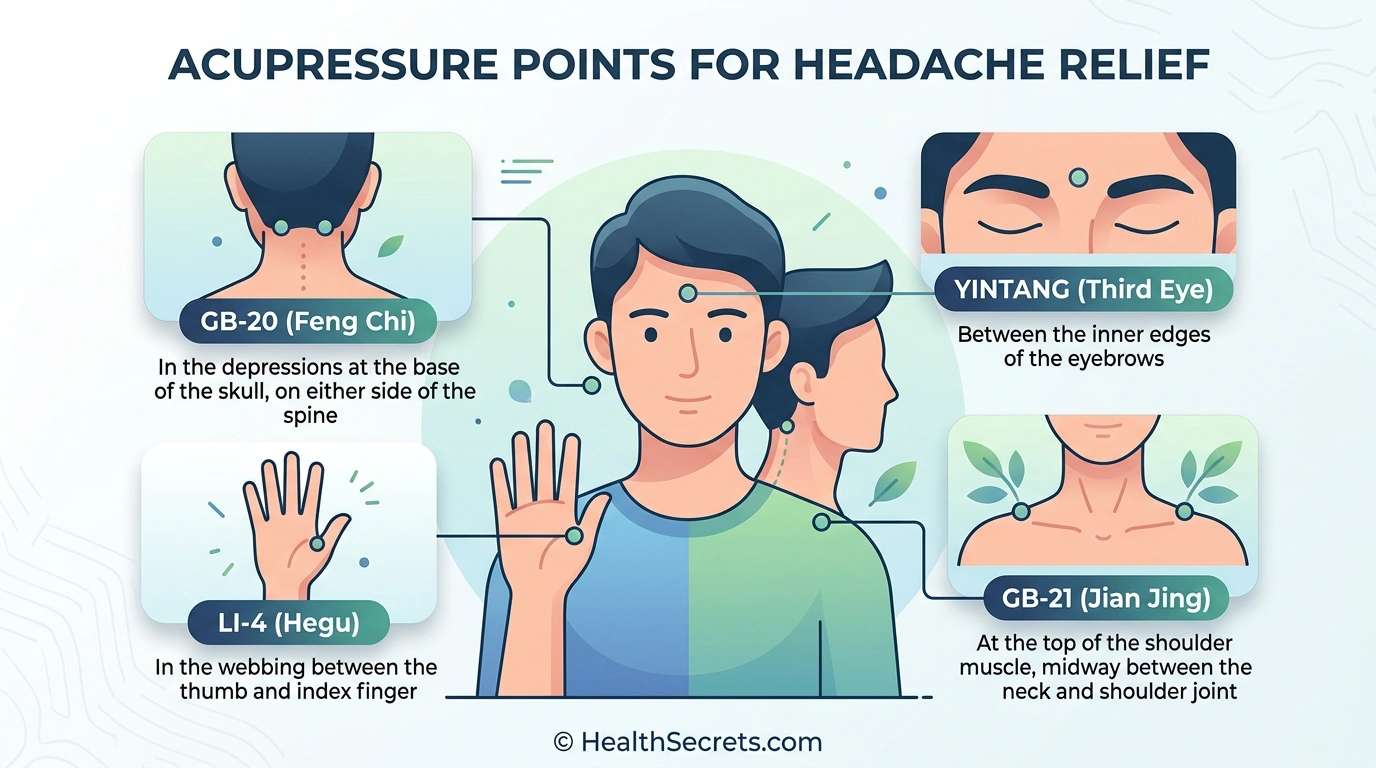 Four acupressure points for headache relief: LI-4 between thumb and index finger, GB-20 at base of skull, Yintang between eyebrows, GB-21 at top of shoulder